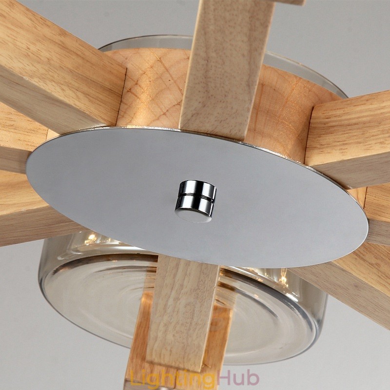 8 Light Wood Modern Contemporary Nordic style Chandelier with Glass Shade
