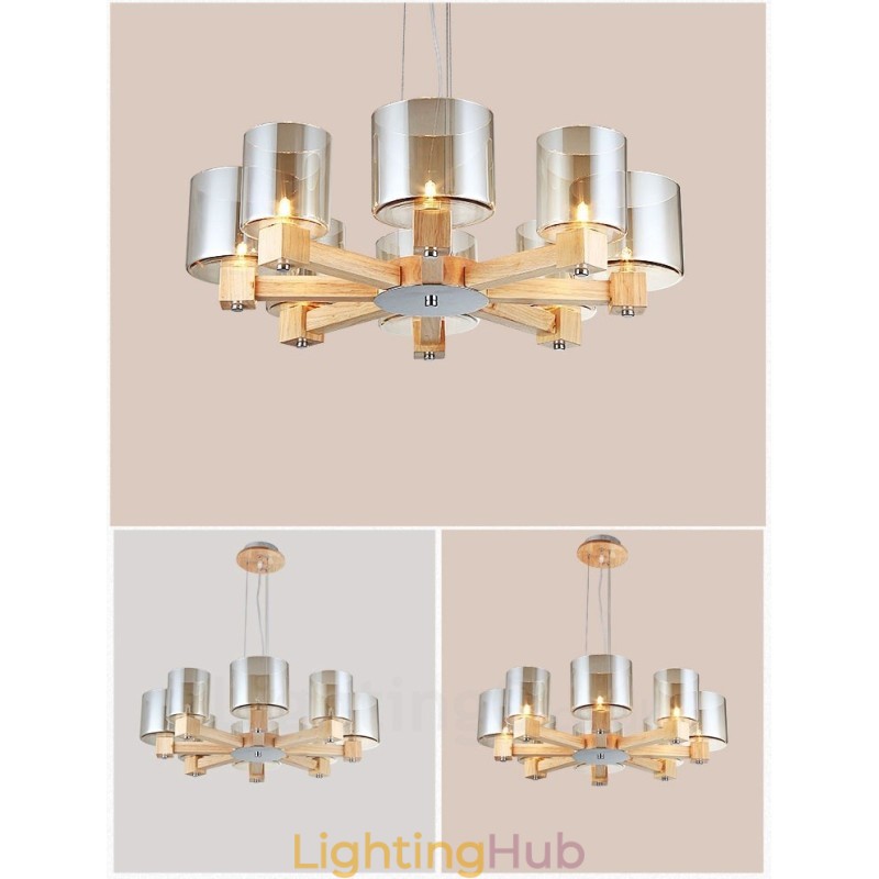 8 Light Wood Modern Contemporary Nordic style Chandelier with Glass Shade