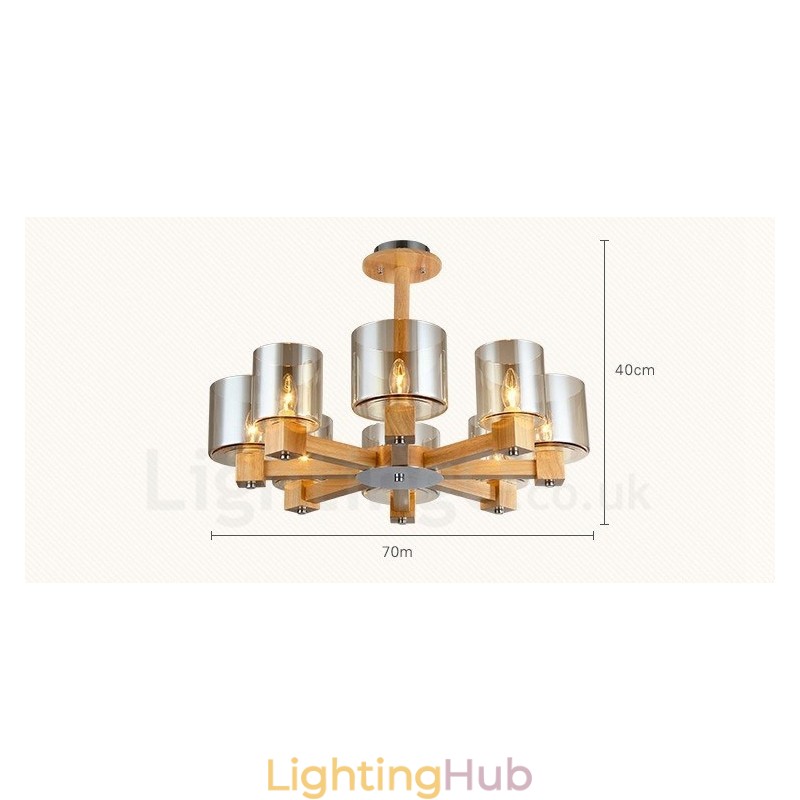 8 Light Wood Modern Contemporary Nordic style Chandelier with Glass Shade