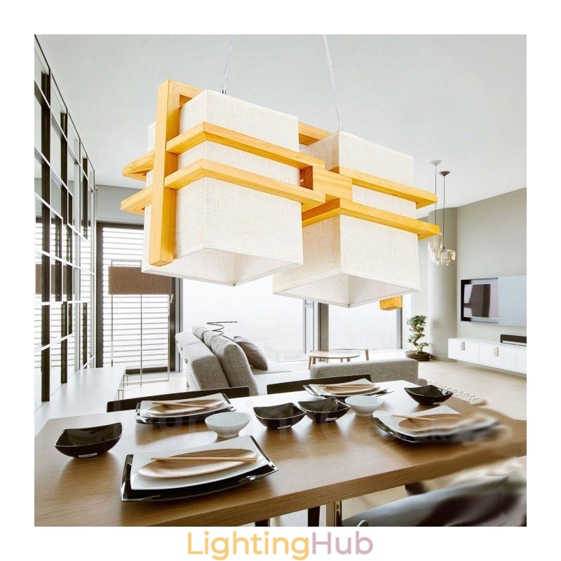 2 Light Wood Retro Vintage Pendant Light with Fabric Shade