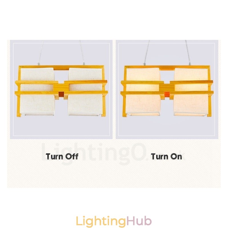2 Light Wood Retro Vintage Pendant Light with Fabric Shade