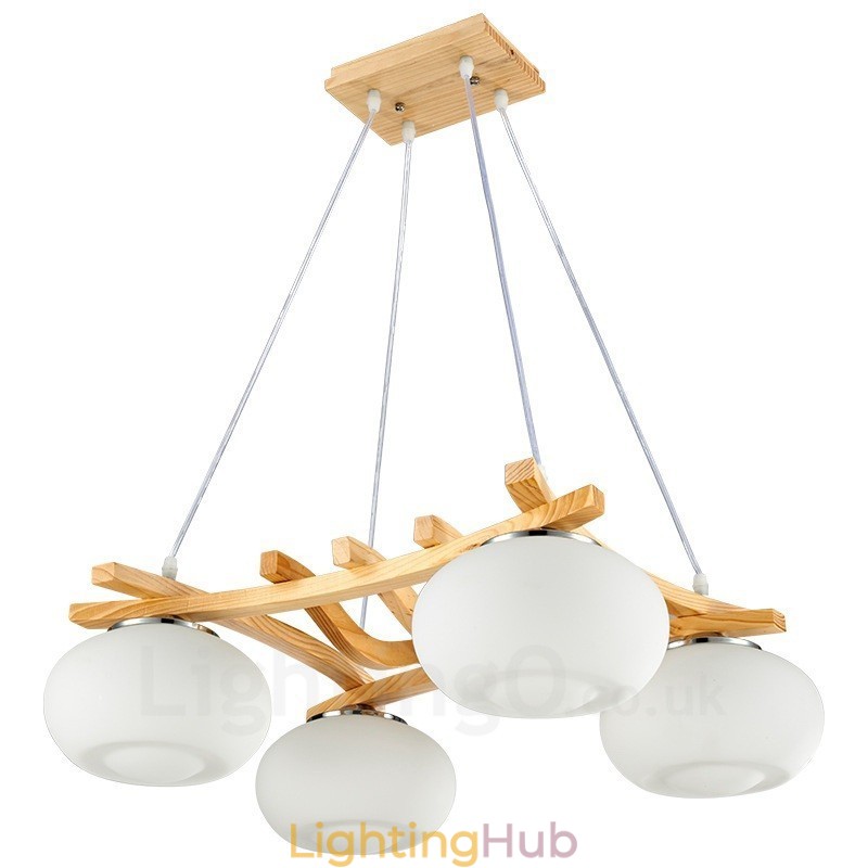 4 Light Wood Rustic Lodge Pendant Light with Glass Shade