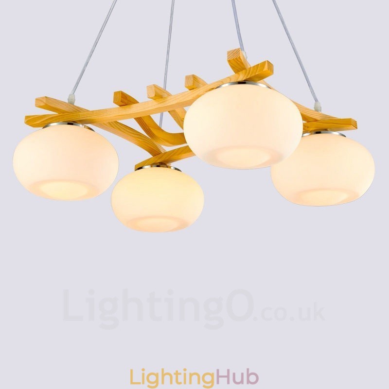 4 Light Wood Rustic Lodge Pendant Light with Glass Shade