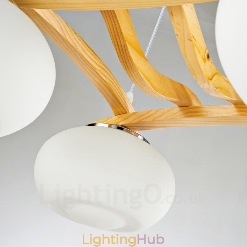 4 Light Wood Rustic Lodge Pendant Light with Glass Shade