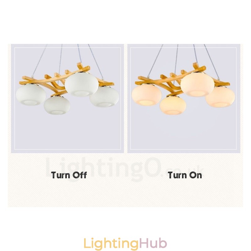 4 Light Wood Rustic Lodge Pendant Light with Glass Shade