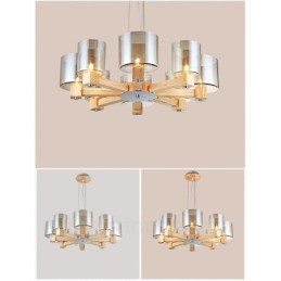 8 Light Wood Modern Contemporary Nordic style Pendant Light with Glass Shade