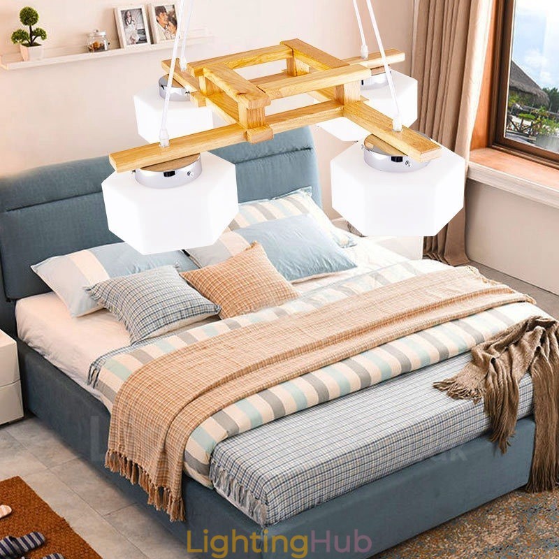 4 Light Wood Modern Contemporary Nordic style Pendant Light with Glass Shade