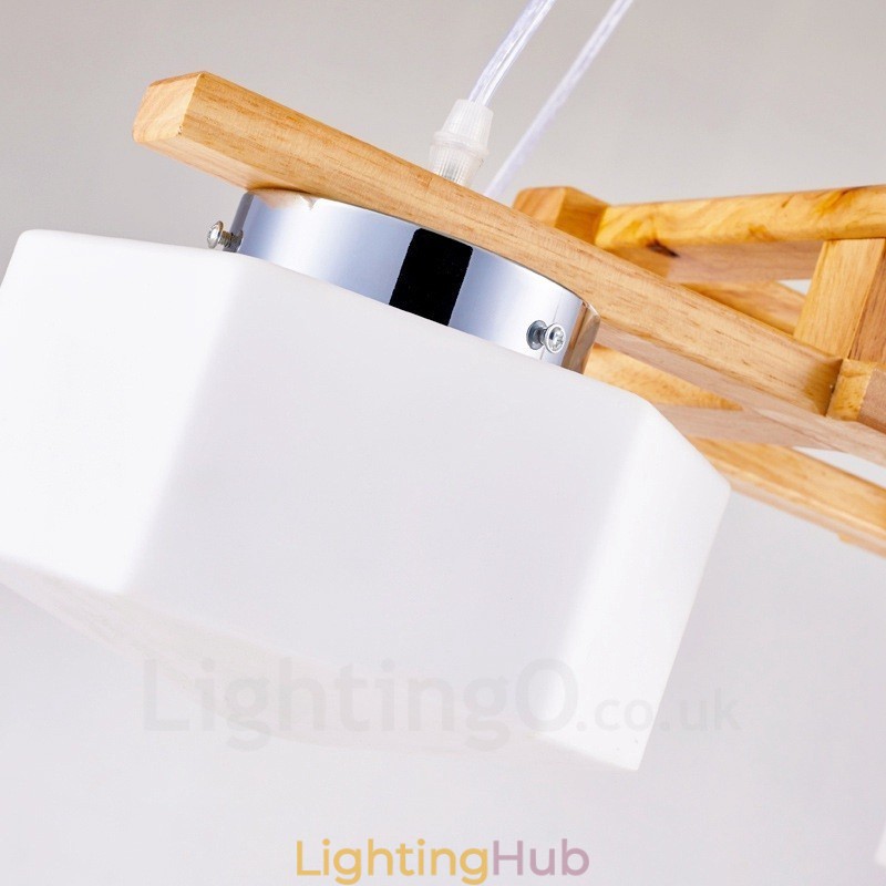 4 Light Wood Modern Contemporary Nordic style Pendant Light with Glass Shade