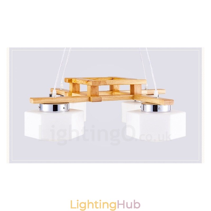 4 Light Wood Modern Contemporary Nordic style Pendant Light with Glass Shade