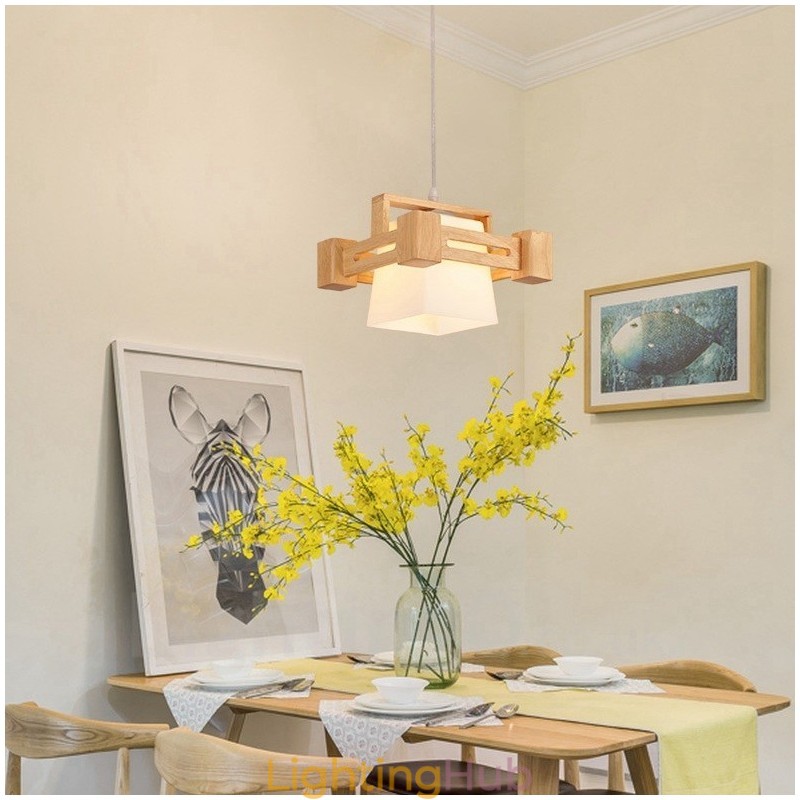 1 Light Wood Modern Contemporary Nordic style Pendant Light with Fabric Shade