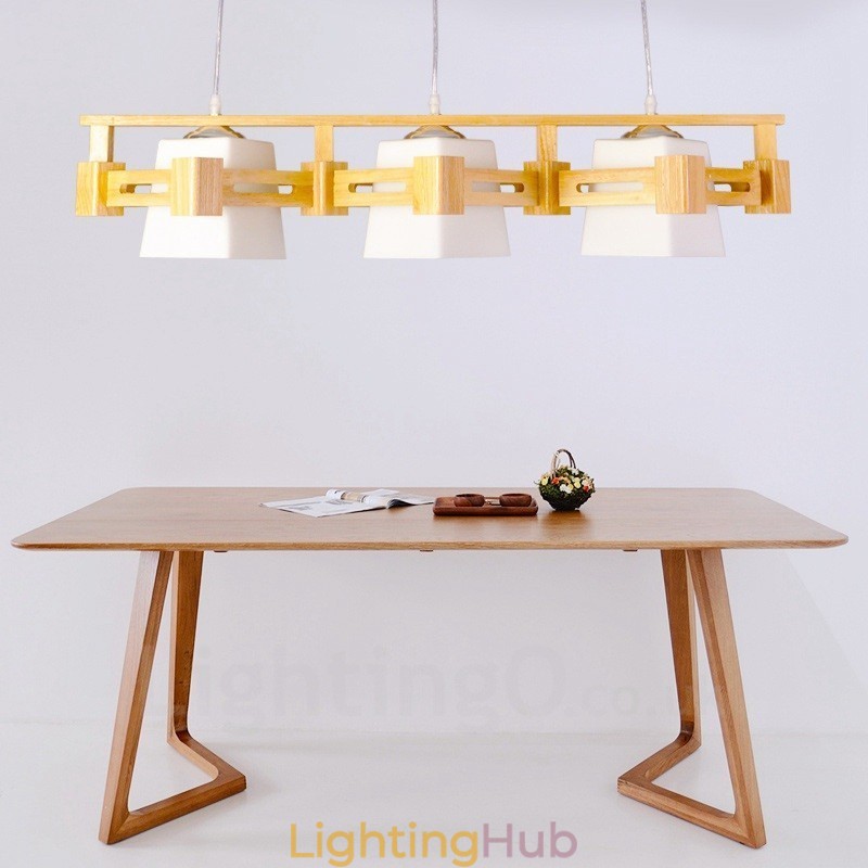 3 Light Wood Modern Contemporary Nordic style Pendant Light with Fabric Shade