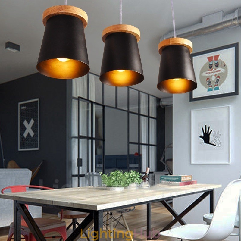 3 Light Wood Modern Contemporary Nordic style Pendant Light with Iron Shade