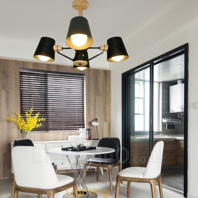 4 Light Wood Modern Contemporary Nordic style Pendant Light with Iron Shade