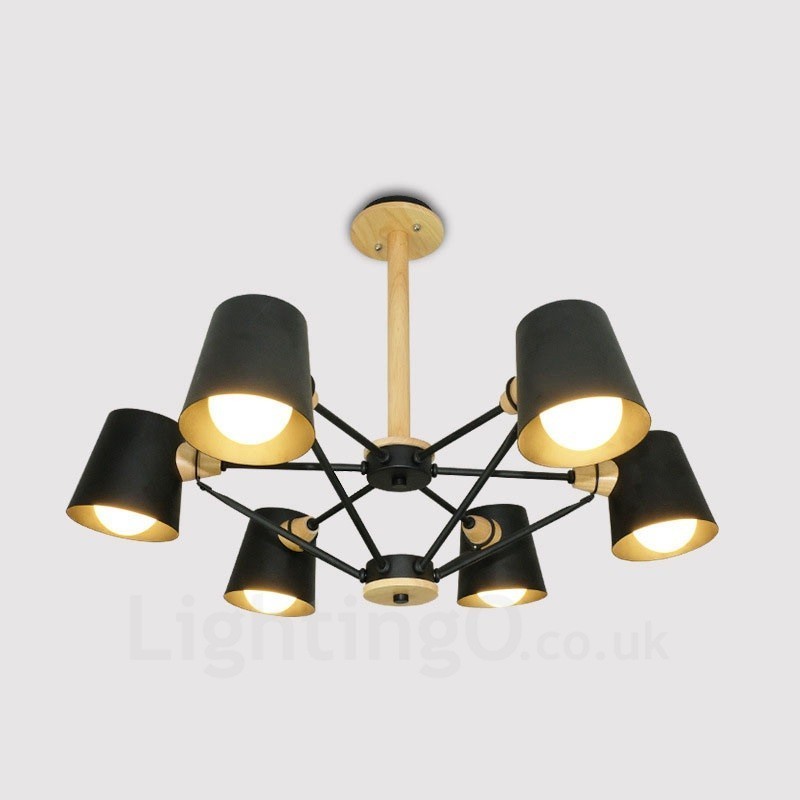 6 Light Wood Modern Contemporary Nordic style Pendant Light with Iron Shade