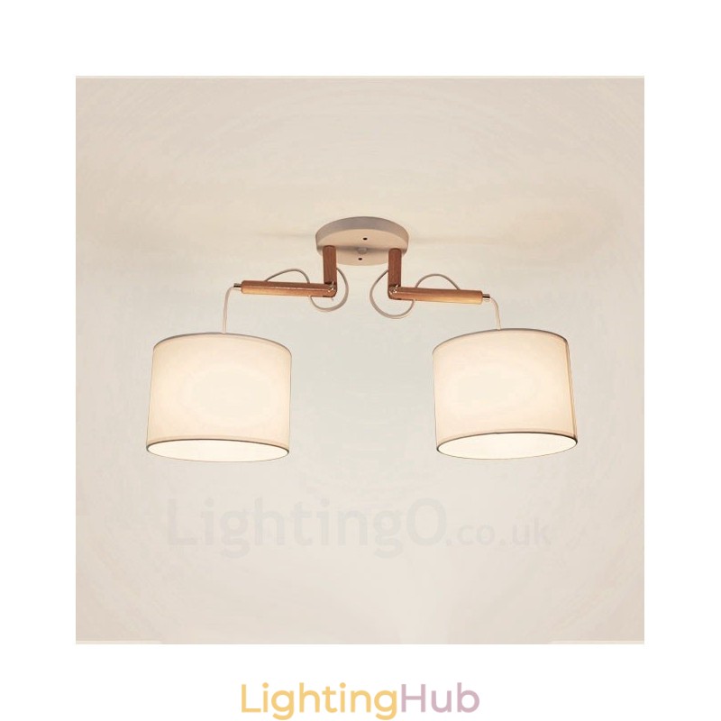 2 Light Wood Modern Contemporary Pendant Light with Fabric Shade
