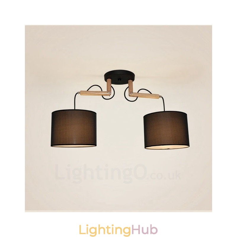 2 Light Wood Modern Contemporary Pendant Light with Fabric Shade
