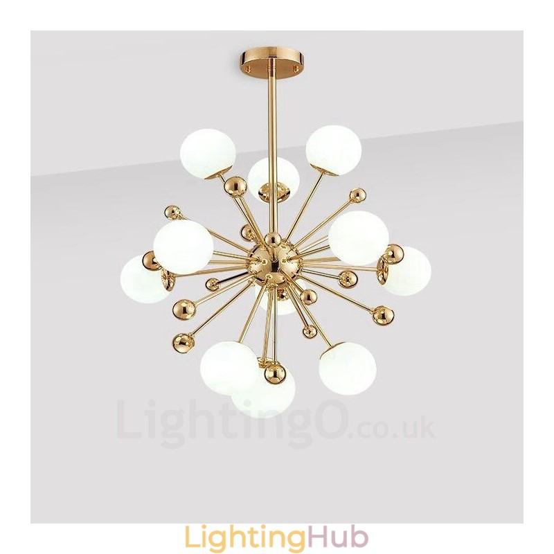 11 Light Modern Contemporary Ceiling Lights Copper Plating Chandelier with White Ball Glass Shade