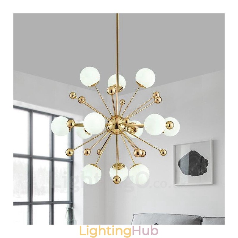 12 Light Modern Contemporary Ceiling Lights Copper Plating Chandelier with White Ball Glass Shade