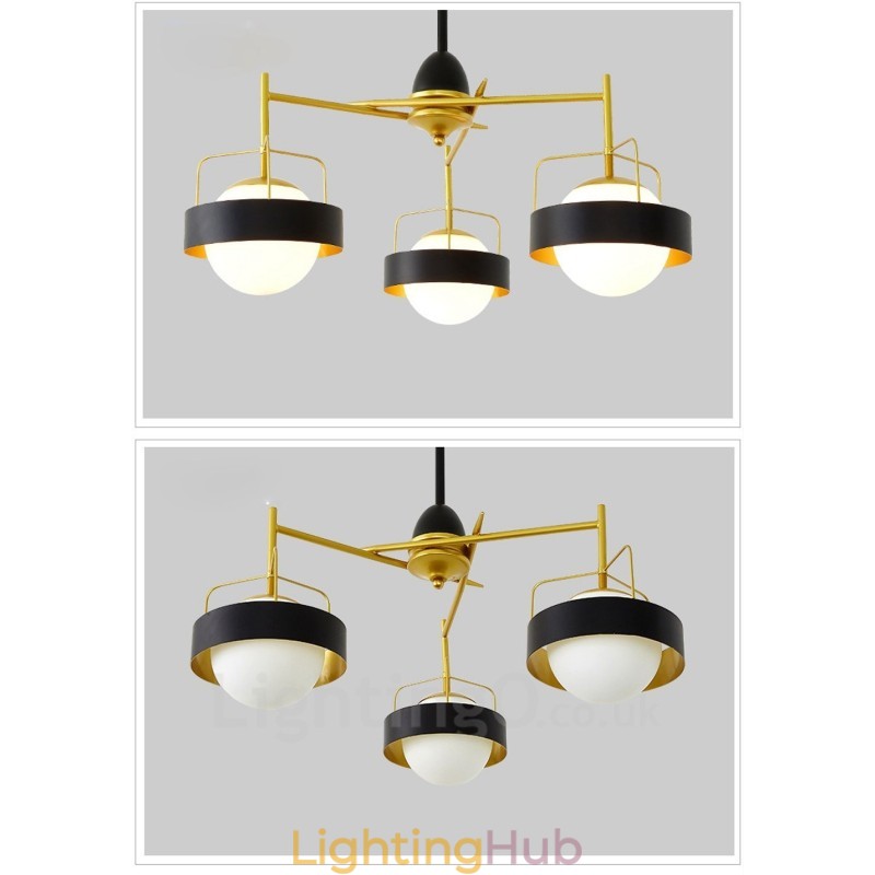 3 Light Modern Contemporary Ceiling Lights Copper Plating Chandelier with White & Black Ball Glass Shade