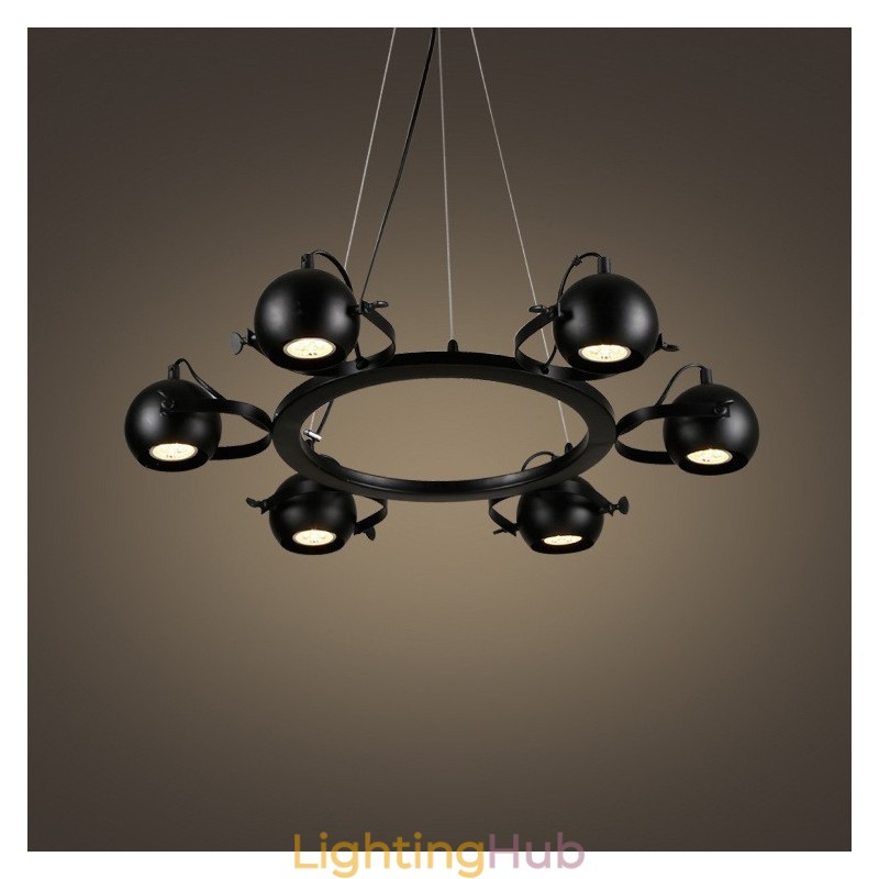 6 Light Retro Vintage Black Iron Pendant Light with Black Iron Ball Shades