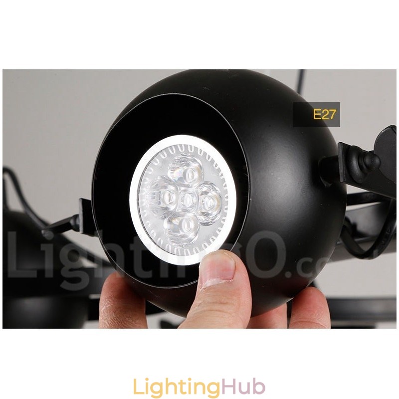 6 Light Retro Vintage Black Iron Pendant Light with Black Iron Ball Shades