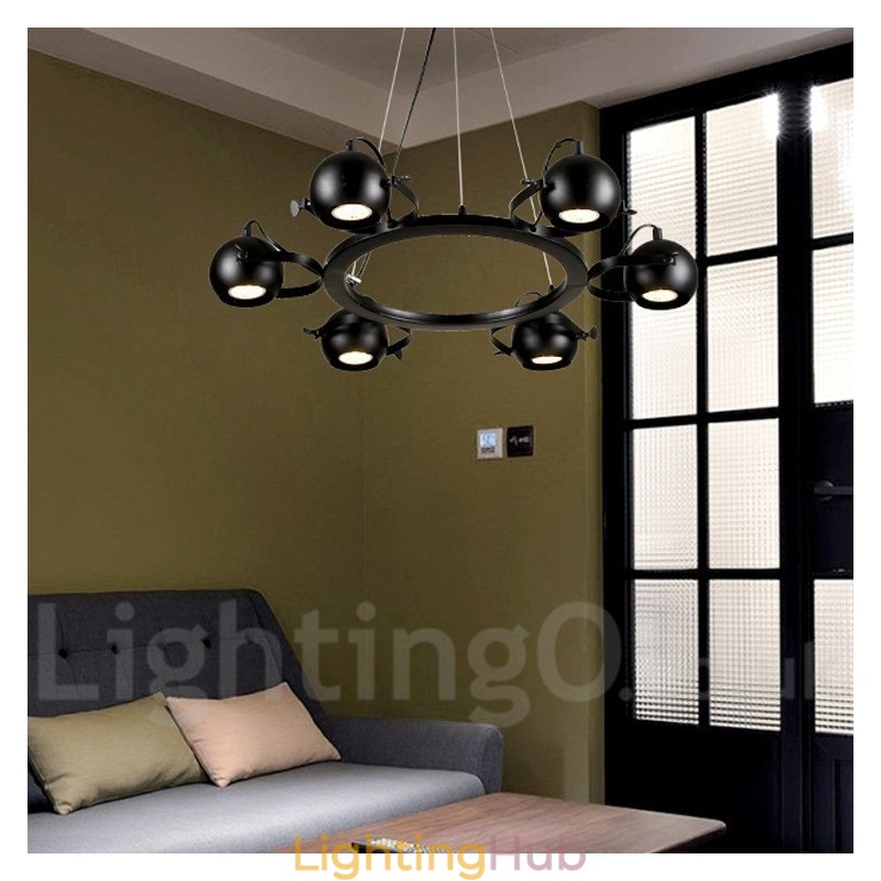 6 Light Retro Vintage Black Iron Pendant Light with Black Iron Ball Shades