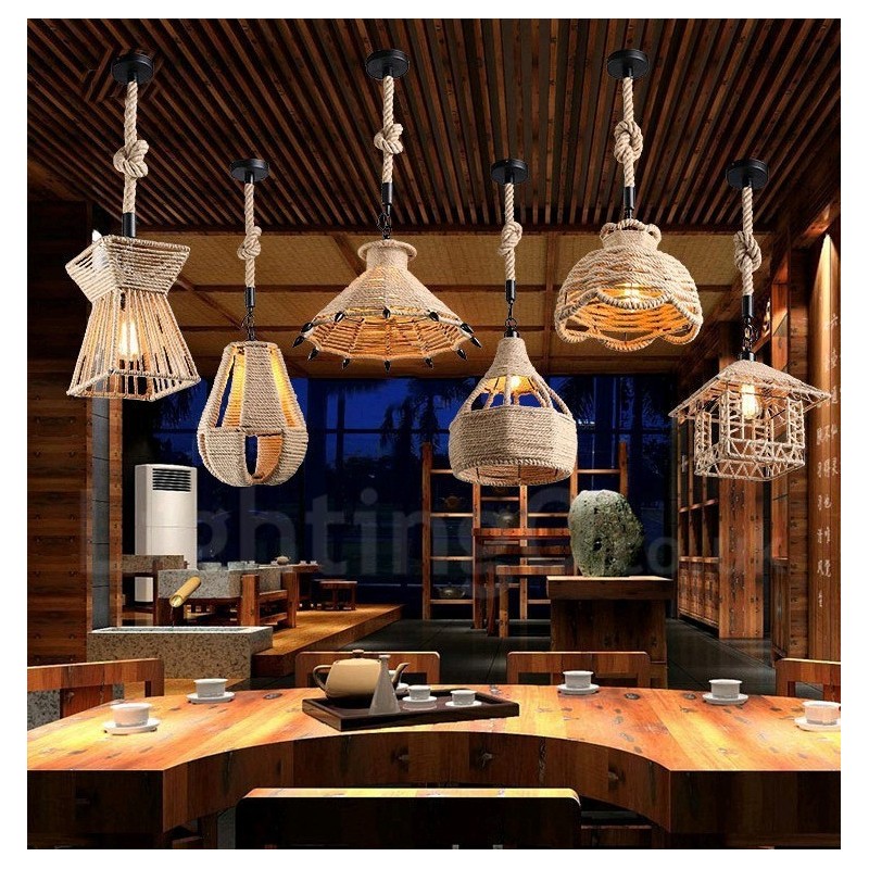 1 Light Rustic Lodge Pendant Light Cafe Hemp Rope Pendant Lamp
