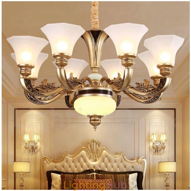8 Light Retro Traditional Luxury Lobby Chandelier with Glass Shade