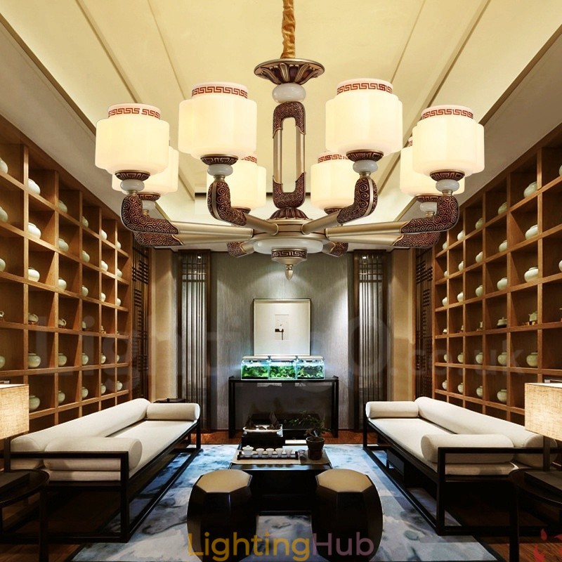 8 Light Retro Traditional Zinc alloy Luxury Lobby Chandelier with Glass Shade