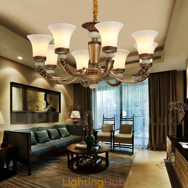 8 Light Retro Traditional Zinc alloy Luxury Lobby Chandelier with Glass Shade