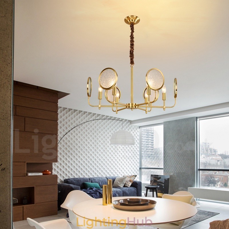 6 Light Retro Rustic Luxury Brass Pendant Lamp Chandelier with Glass Shade