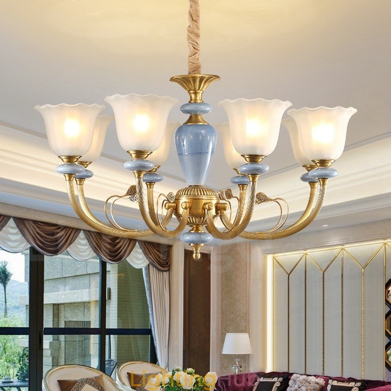 8 Light Retro Rustic Luxury Brass Pendant Lamp Chandelier with Glass Shade
