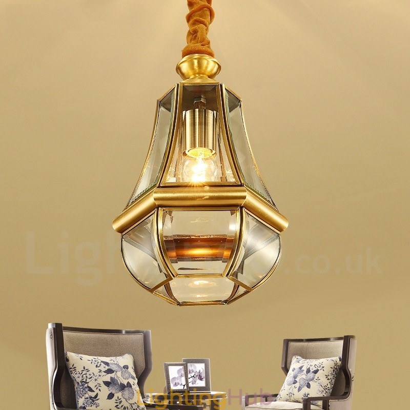 1 Light Retro Rustic Luxury Brass Pendant Lamp Chandelier with Glass Shade