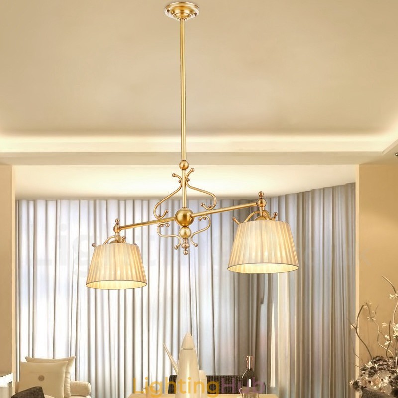 2 Light Retro Rustic Luxury Brass Pendant Lamp Chandelier with Fabric Shade