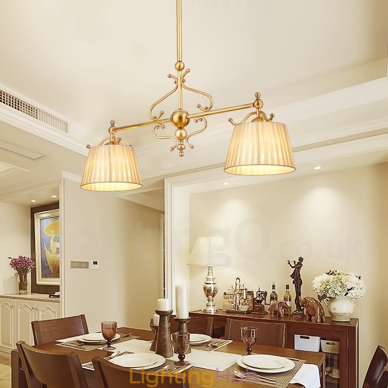 2 Light Retro Rustic Luxury Brass Pendant Lamp Chandelier with Fabric Shade