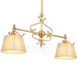 2 Light Retro Rustic Luxury Brass Pendant Lamp Chandelier with Fabric Shade