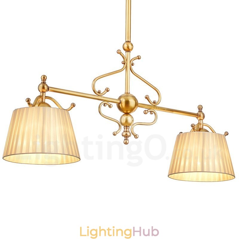 2 Light Retro Rustic Luxury Brass Pendant Lamp Chandelier with Fabric Shade