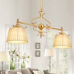 2 Light Retro Rustic Luxury Brass Pendant Lamp Chandelier with Fabric Shade