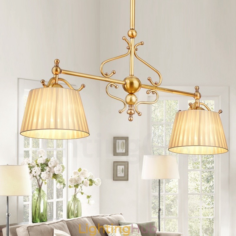 2 Light Retro Rustic Luxury Brass Pendant Lamp Chandelier with Fabric Shade