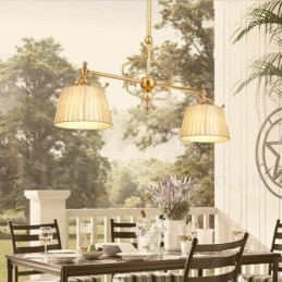2 Light Retro Rustic Luxury Brass Pendant Lamp Chandelier with Fabric Shade