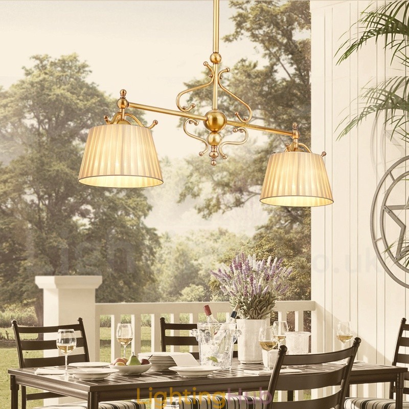 2 Light Retro Rustic Luxury Brass Pendant Lamp Chandelier with Fabric Shade