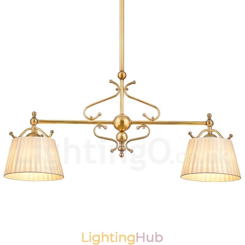 2 Light Retro Rustic Luxury Brass Pendant Lamp Chandelier with Fabric Shade