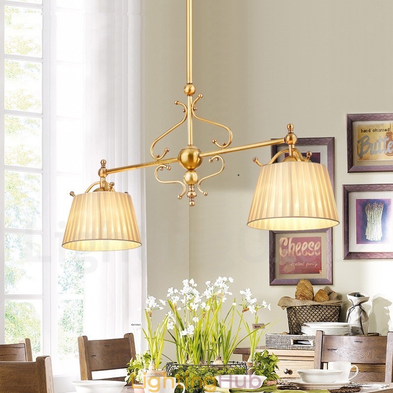2 Light Retro Rustic Luxury Brass Pendant Lamp Chandelier with Fabric Shade