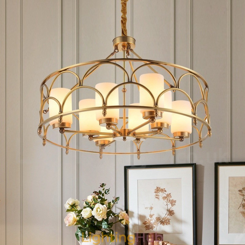 8 Light Retro Rustic Luxury Brass Pendant Lamp Chandelier with Glass Shade
