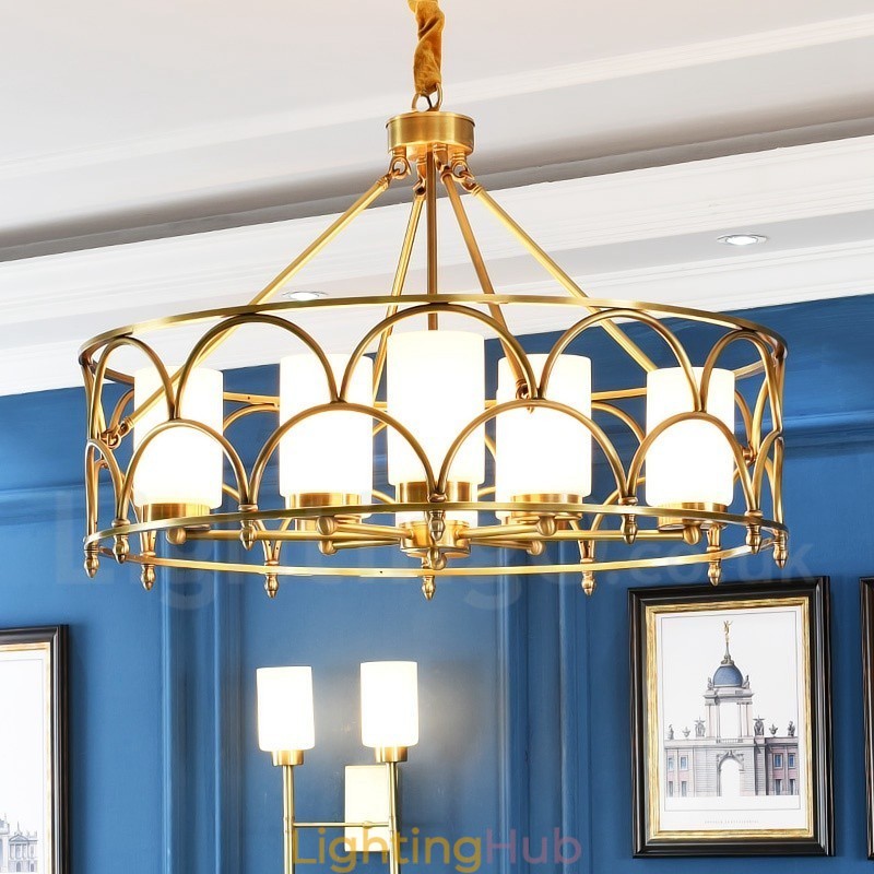 8 Light Retro Rustic Luxury Brass Pendant Lamp Chandelier with Glass Shade