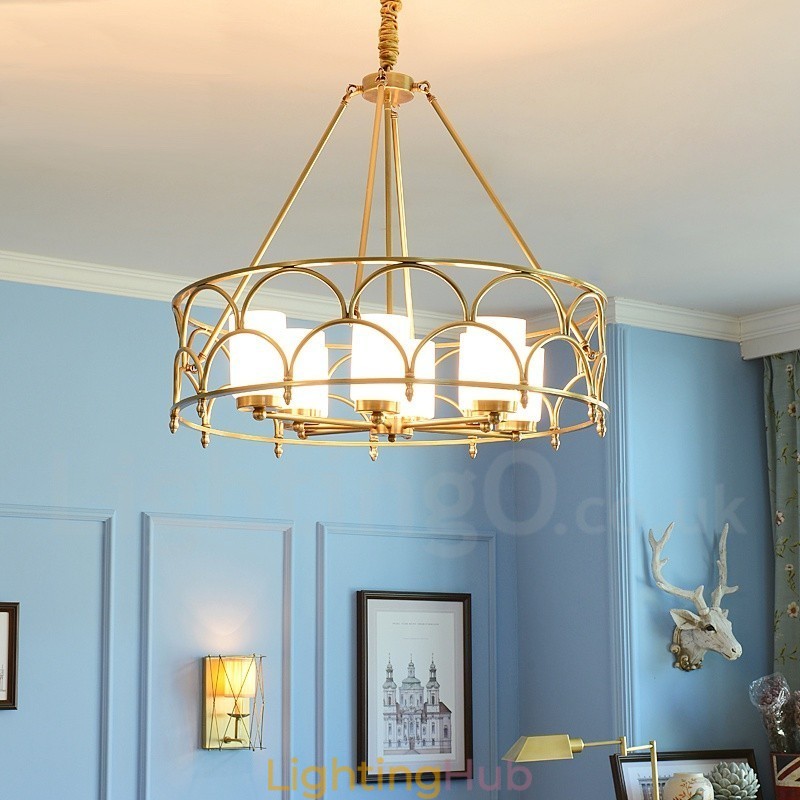 8 Light Retro Rustic Luxury Brass Pendant Lamp Chandelier with Glass Shade