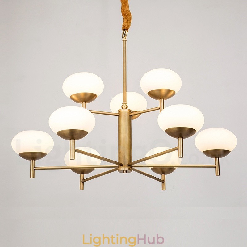 9 Light Retro Rustic Luxury Brass Pendant Lamp Chandelier with Glass Shade