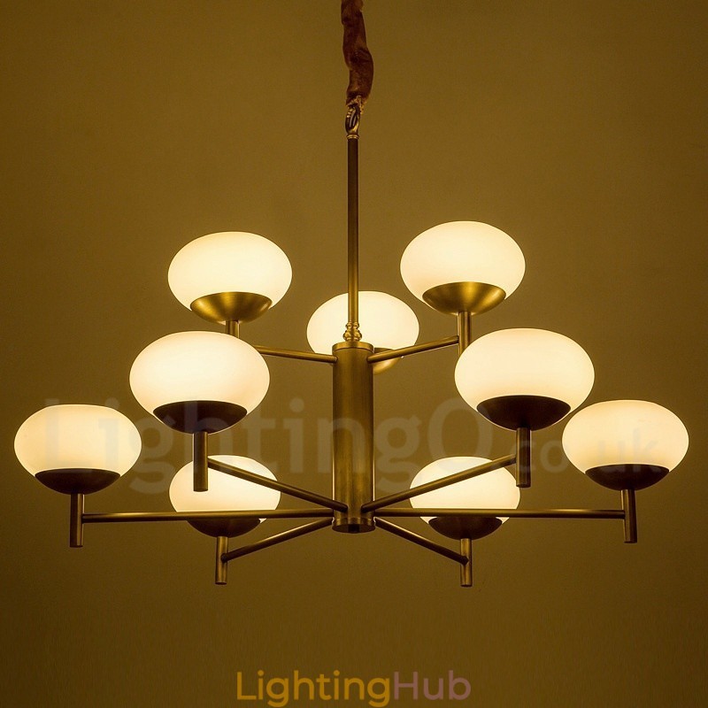 9 Light Retro Rustic Luxury Brass Pendant Lamp Chandelier with Glass Shade