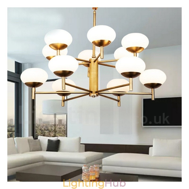 12 Light Retro Rustic Luxury Brass Pendant Lamp Chandelier with Glass Shade