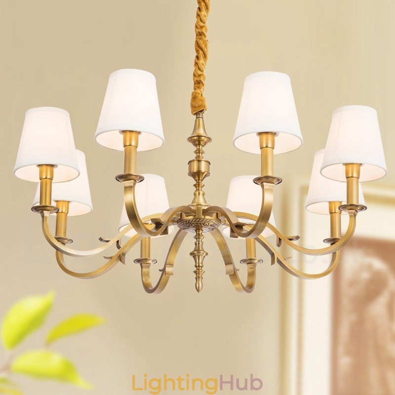 8 Light Retro Rustic Luxury Brass Pendant Lamp Chandelier with Fabric Shade